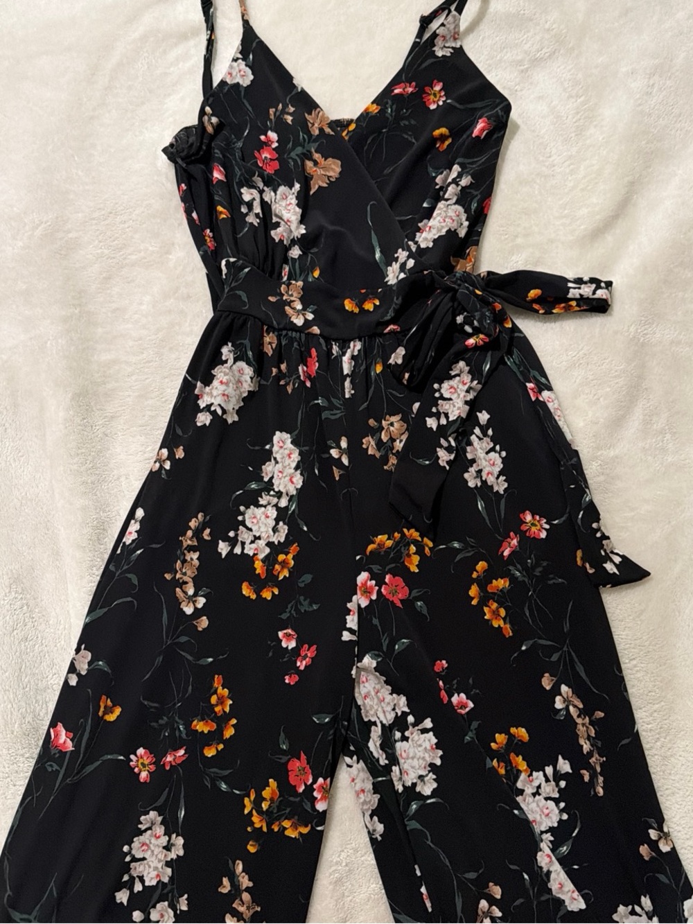 Black Floral Wrap Jumpsuit with Tie Waist